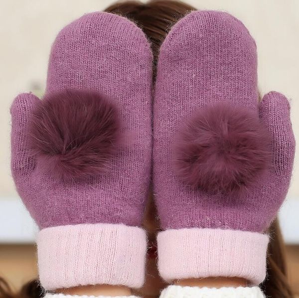 

new woolen gloves warm and soft winter ladies mittens solid colors grace rabbit fur ball double layer match colors, Blue;gray