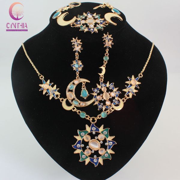 женщины мистик солнце луна украшения 18 к позолоченный горный хрусталь длинной цепи ожерелье браслет серьги партия комплект ювелирных издели, Black