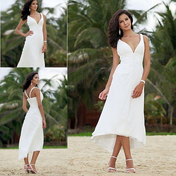 Curto Praia Vestidos de Casamento Para A Noiva A Linha Chá Comprimento Ruched Chiffon Vestidos De Noiva Mergulhando Decote Vestidos de Casamento Elegante e Barato Personalizar