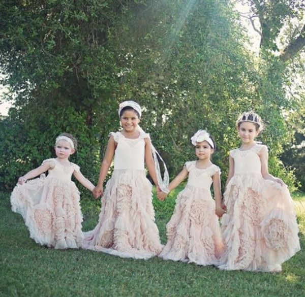 

pink ruffled flower girls dresses jewel sleeveless custom made first communion dress floor length pageant gowns, White;blue