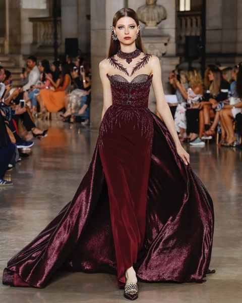 

ziad nakad burgundy evening dresses with detachable train jewel neck crystal prom dress long beading velvet formal party dress luxury, Black;red