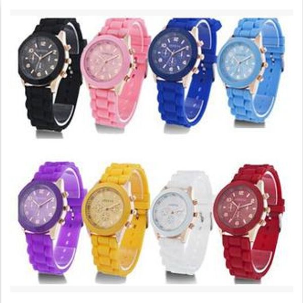 

fashion colorful sports silicone jelly watches candy color geneva watch women men analog quartz wristwatches, Slivery;brown