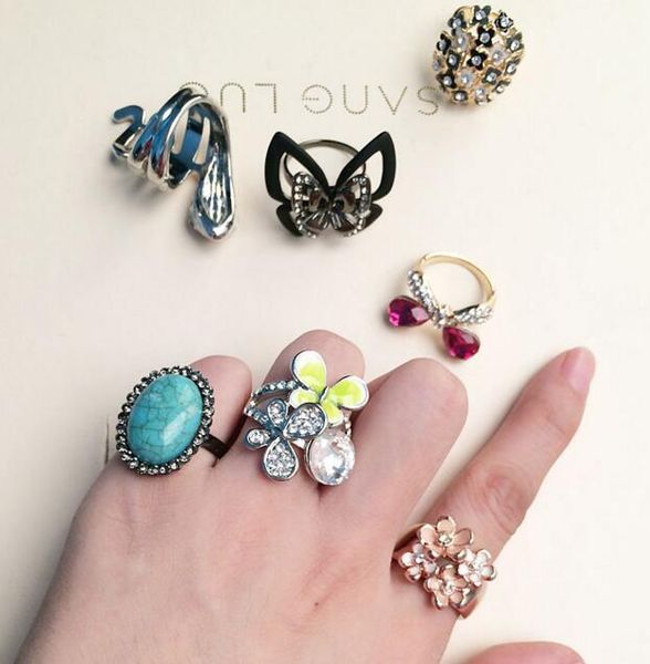 

10pcs/lot mix style size not fade crystal fashion jewelry cluster rings for gift craft ri38, Golden;silver
