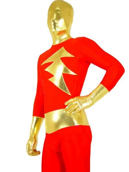 

captain marvel shazam red and gold superhero costume halloween cosplay party zentai suit, Black;red