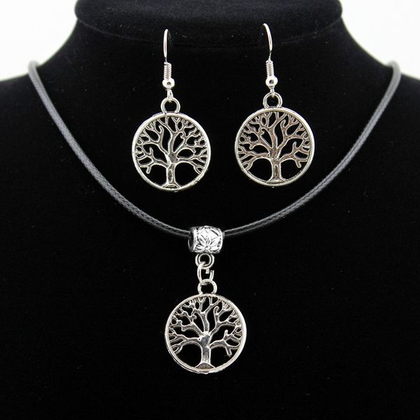 

12 sets/lot Fashion Girl Women's Vintage Silver Alloy Lucky Tree of Life Pendant Necklace Dangle Earrings Jewelry Sets Gift TZ23