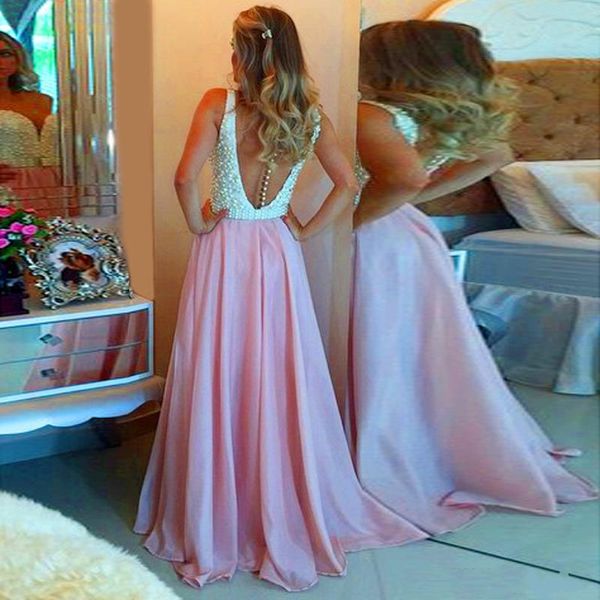 Pearl Chiffon Long Prom Gowns Sweetheart A Line Sheer Back Floor Length