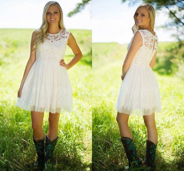 

new little ivory lace bridesmaid dresses a line jewel illusion neck western country garden short homecoming party wedding guest gowns, White;pink