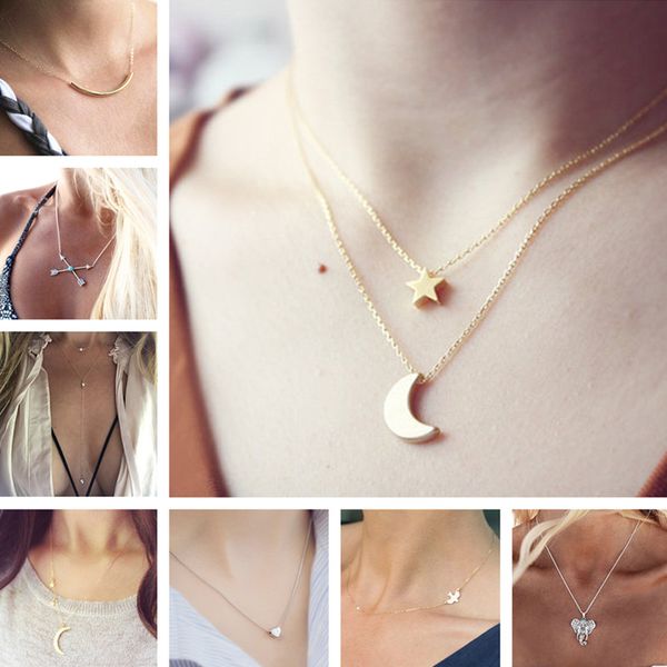 

wholesale- minimalist pendant necklaces women fashion heart cross arrow moon star lucky elephant necklace collares summer every day jewelry, Silver