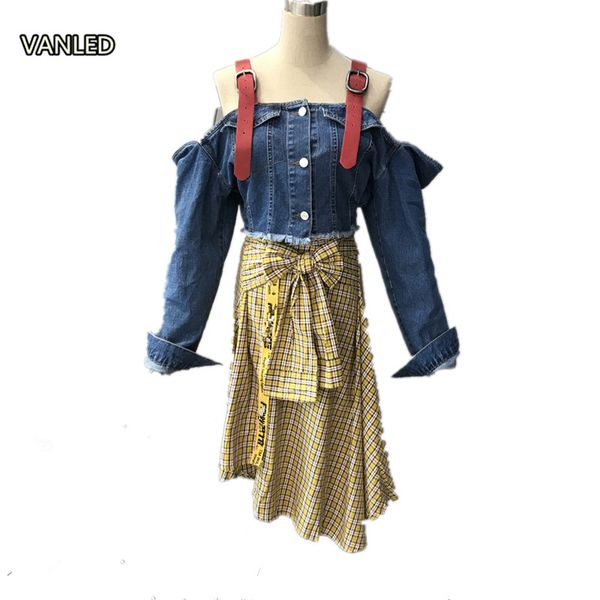

wholesale- 2017 new fashion belt spliced off shoulder denim jacket female tide short jacket, Black;brown