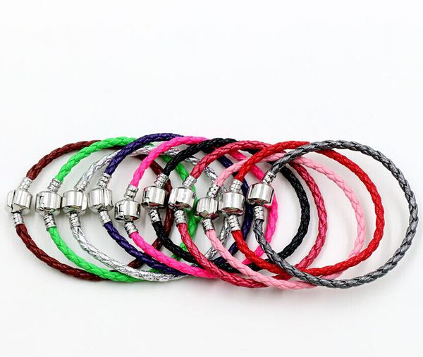 

single 925 silver clasp leather bracelets chains for pandora bracelets 17cm 19cm 21cm 20pcs/lot 57colors bracelet fit european charm beads, Black