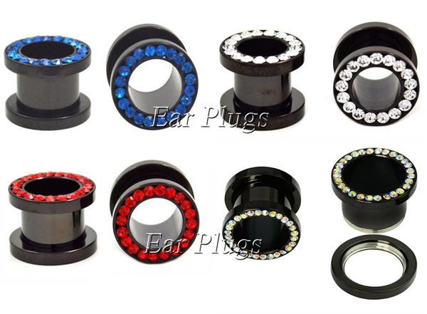 

Whole ale 80pc cz gem rhine tone rim teel anodized black ear fle h tunnel double flare crew gauge plug rp002