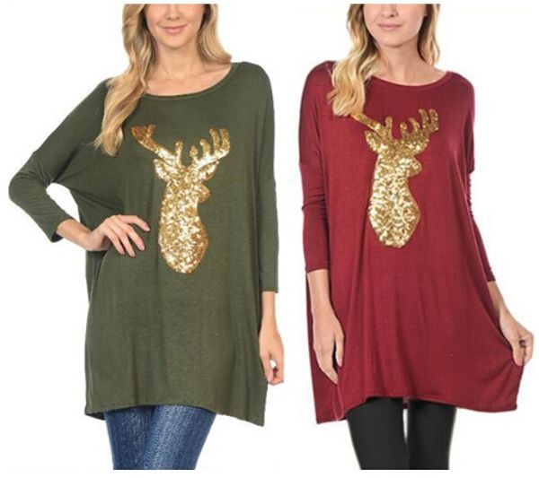 

Women Christmas Loose Long Casual Tops Autumn Spring Long Sleeved Deer Printed Tees Fashion Clothes