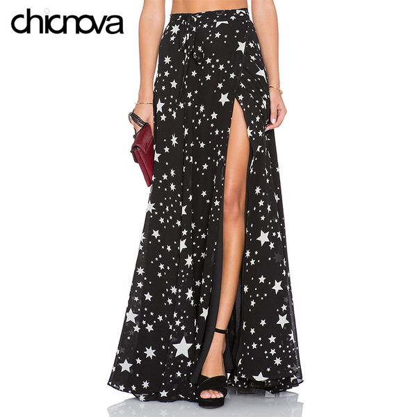 

wholesale- high waist long skirts womens 2016 pleated star printing floor length chiffon split skirt fs0277, Black