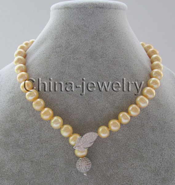 

p6813 - 18" 11-12mm natural gold round freshwater pearl necklace - 925 silver