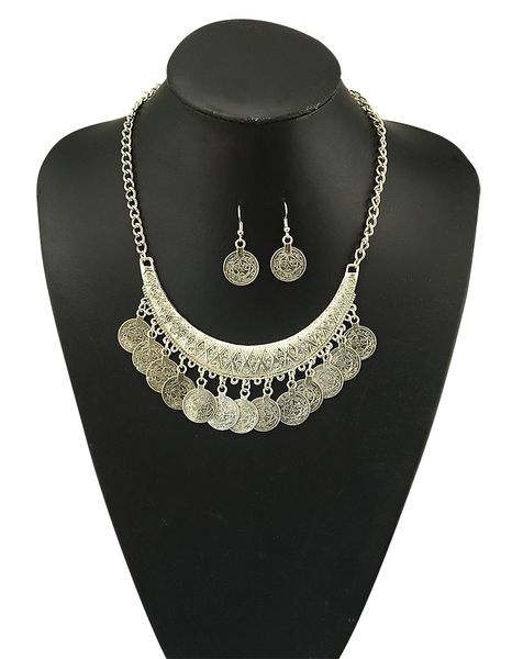 

gypsy bohemian beachy chic crescent coin fringe statement necklace earrings set rhinestone festival silver fringe bib coin ethnic, Golden;silver