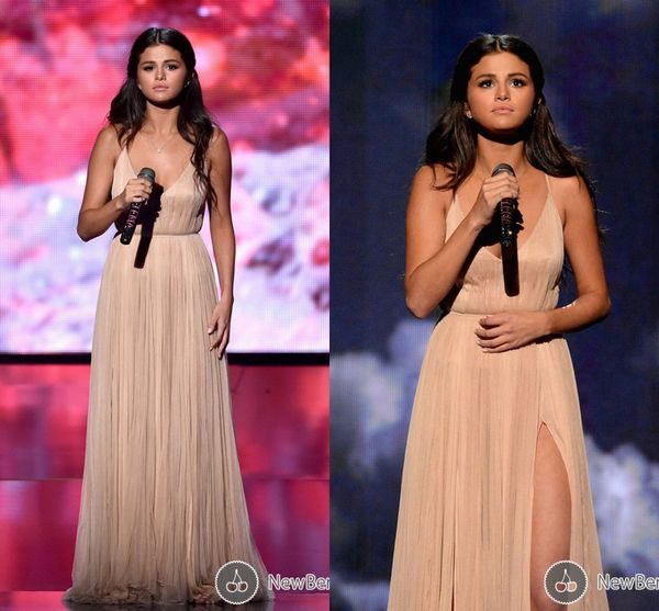 Vestido de noite de baile com champanhe quente com decote em v sem costas com decote em v alta divisão formal vestido de celebridade para Selena Gomez American Music Awards 2019