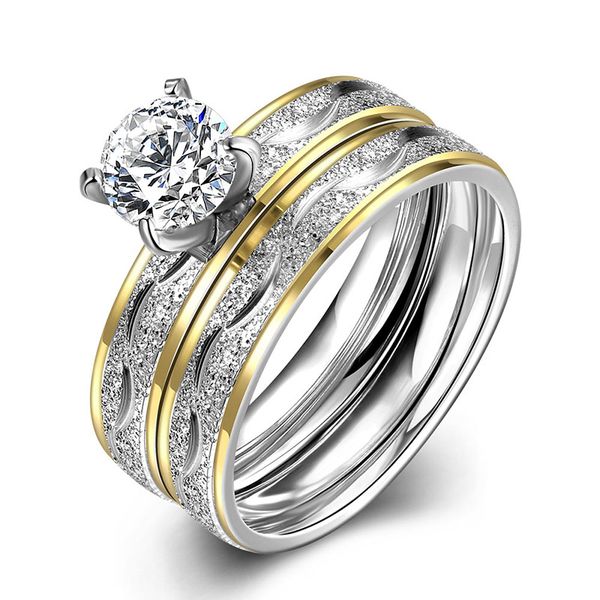 

wholesale- new fashion charm jewelry zircon double ring titanium steel wedding pair rings for women men kqs, Golden;silver