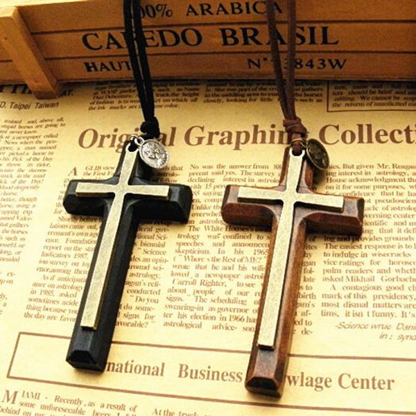 

Xmas gifts Double alloy wooden Cross pendant necklace vintage sweater chain Leather cord men women jewelry handmade stylish 12pcs