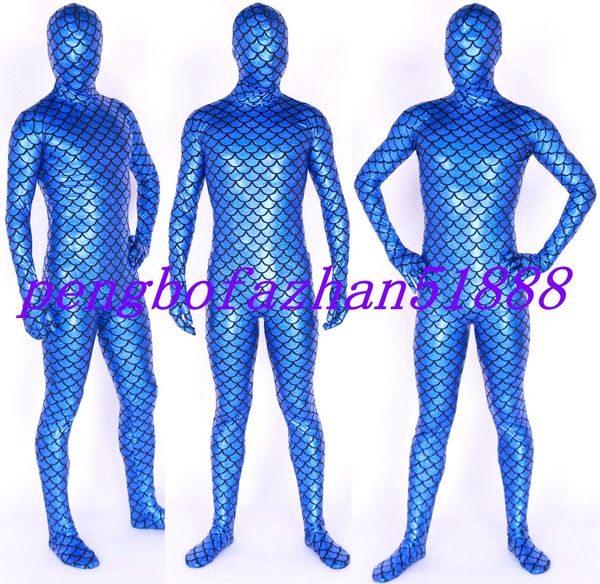 

мужская фантазия рыба масштаб костюмы наряд синий блестящий лайкра металлик большая рыба масштаб русалка костюм комбинезон костюмы хэллоуин, Black