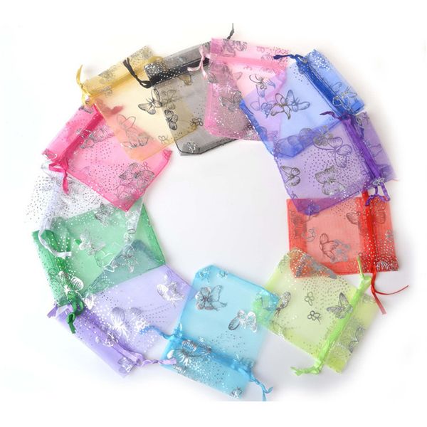 

colorful organza bags silver butterfly mesh drawstring bag small jewelry pouch wedding favor gift bag holder mixed, Pink;blue
