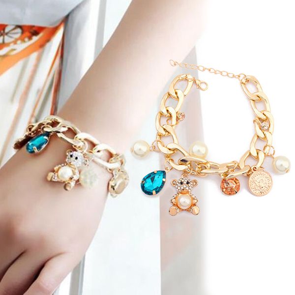 

wholesale-new ncharm rhinestone pearl crystal bear pendants bracelet bangle bl-0217, Golden;silver