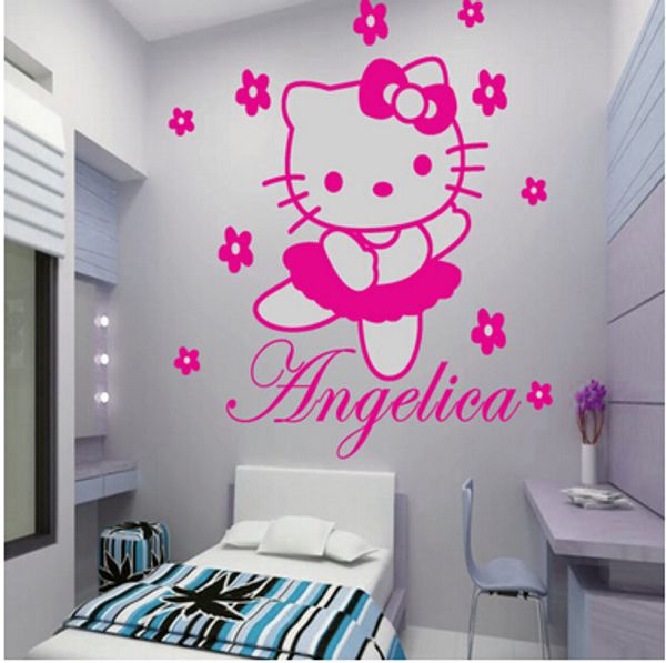 Hello Kitty With Flowers Fairy Personalized Name Cartoon Wall Sticker Art Decal Vinyl Mural Painting Princess Girl Room Decor Name Wall Art For