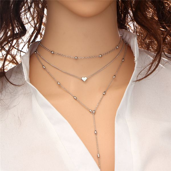 

new arrival fashion choker copper beads+heart shape pendant necklace 3pcs clavicle chain jewelry for women, Silver