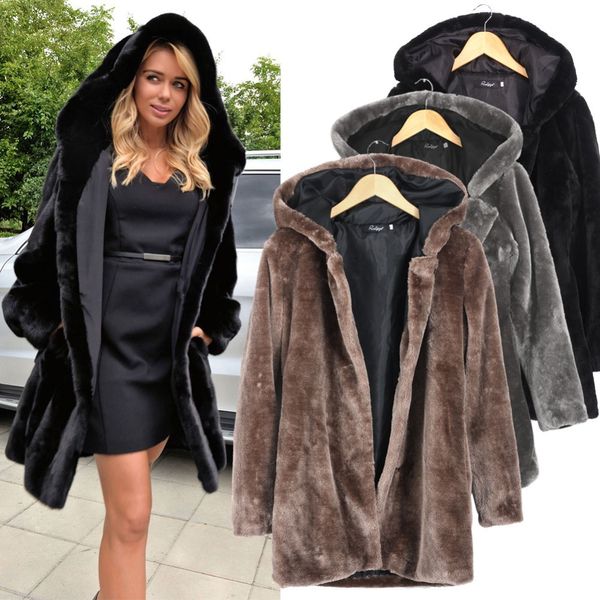 

wholesale- winter black faux fur collar long-sleeve hooded thicken fur mink coat women plus size warm overcoat 9021