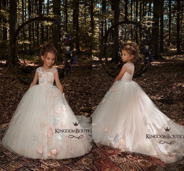 

2018 ivory cute 3d butterfly floral applique flower girl dre e cap leeve a line tulle long little girl pageant dre e formal wear