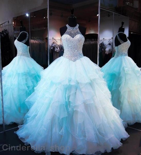 

2017 Роскошные Светло-Голубой Quinceanera Платья Из Бисера Кристалл Трепал Органзы Лиф С