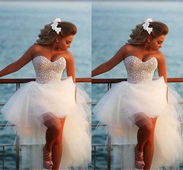 

exquisite pearl hilo short beach wedding dresses casomento corset beaded sweetheart high low bridal gowns, White