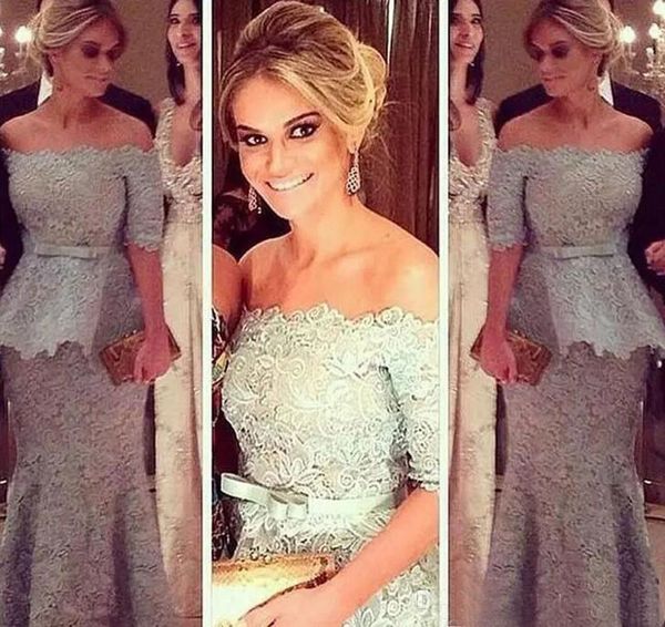 2017 cinza de prata lace off ombro mãe dos vestidos de noiva elegante meia manga bow sash com peplum mãe do noivo dress en11132