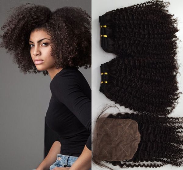 Afro Crespo Encaracolado 4 * 4 Fechamento De Seda Com 2 Pcs Cabelo Brasileiro Cor Natural Cabelo Humano Barato Cabelo Virgem Feixes Com Fechamento 3 Pçs / lote