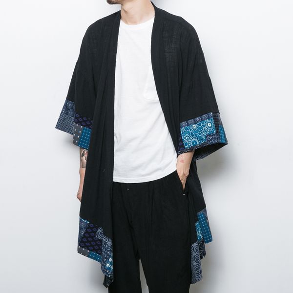 

wholesale- china style men cotton linen cardigan coat trench jacket male loose shawl long kimono windbreaker outwear, Tan;black