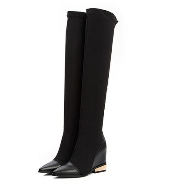 

Fa hionville b075 34 genuine leather tud hidden wedge thigh boot black vogue runway