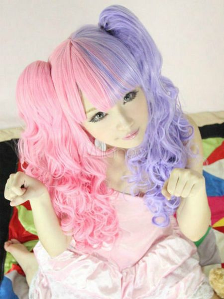 Toptan ücretsiz gönderim Mor Pembe Bölünmüş Renk Lolita Uzun Kıvırcık Moda Cosplay Parti Peruk Saç