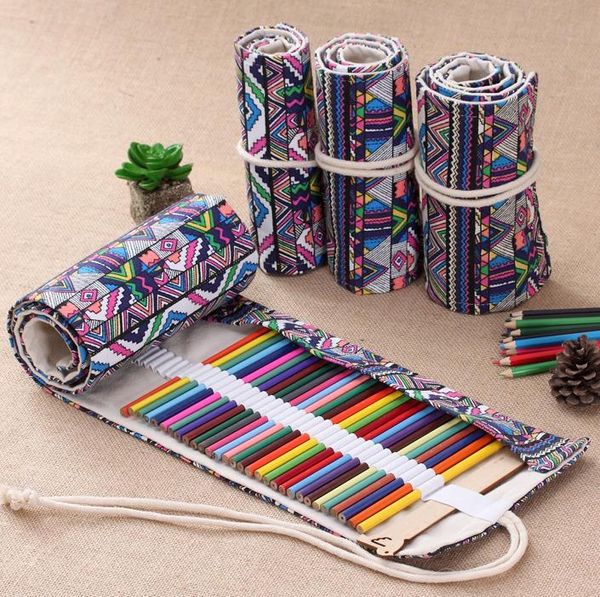 Retro Canvas Roll Up Holder Makeup Pencil Pen Case Bag Wrap Curtain Sketch