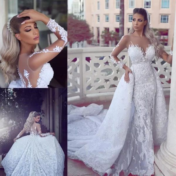 

Luxury Lace Mermaid Wedding Dresses With Detachable Train Newest Sheer Neck Long Sleeves Bridal Gowns Appliques Back Buttons Vestidos