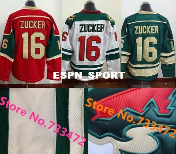 

2016 новый, nwt миннесота дикие трикотажные изделия 16 джейсон цукер хоккей трикотажные изделия аутентичные 100% сшитые команда colro зелены, Black;red