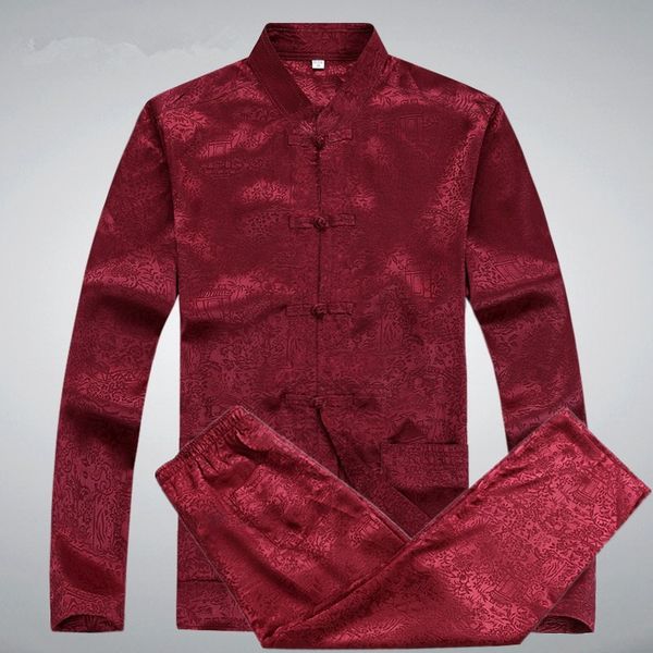 

wholesale-men silk shirts pant suits printed plus size chinese men tang suit mandarin collar long sleeve kung fu suit casual pant suit, White;black