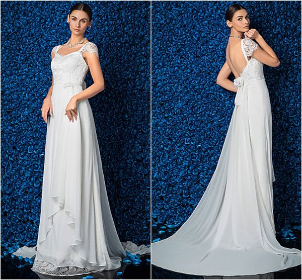 

2016 new fashion elegant popular ivory court train v-neck short sleeve chiffon/lace sheath/column wedding dresses 130, White