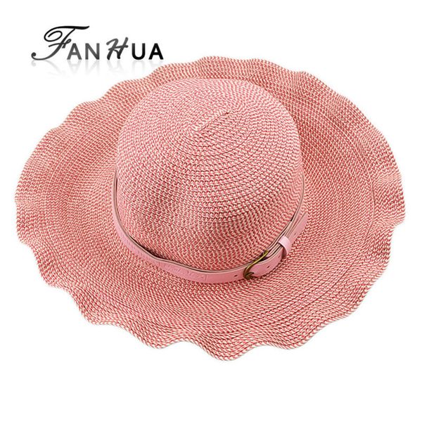 

wholesale-fril shape belt decoration staw new 2015 summer designer fashion sun hats for women beige pink color, Blue;gray