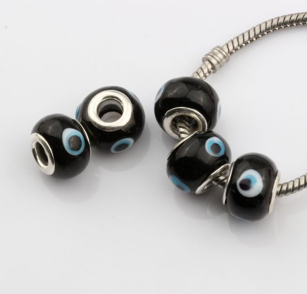 

100pcs evil eye murano black color colored glaze 5mm large hole glass beads fit charm bracelet diy jewelry 14mm