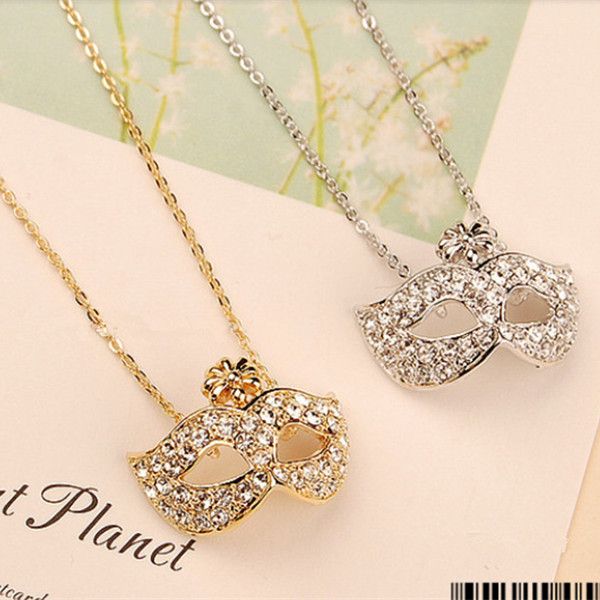 

wholesale fashion jewelry exquisite cubic zircon diamond fox mask pendant necklace crystal sweater chain, Silver