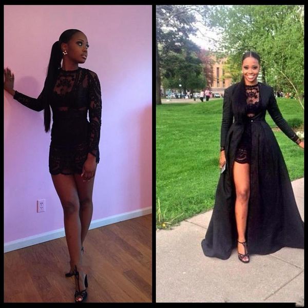

two piece see through black lace short prom dresses long sleeve detachable coat floor length dresses party evening