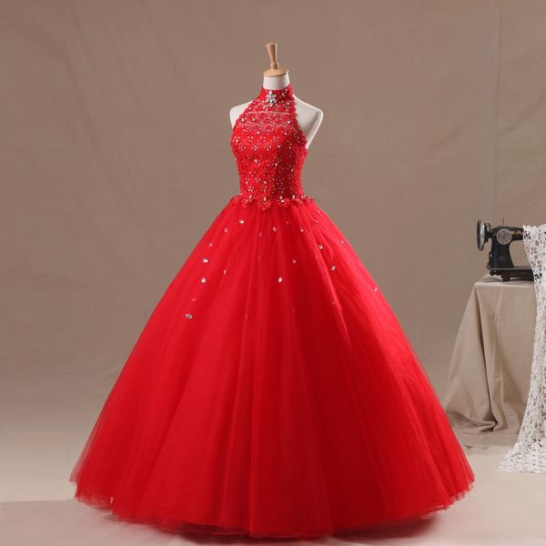2015 Sexy elegante vestido de baile vermelho quinceanera vestidos com alta Beading apliques vestido de tule para 15 anos Debutante Downs QS151