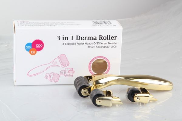 

3 in 1 derma roller,3 separate roller heads of different needle count 180c/600c/1200c golden handle black head skin roller 20pcs/lot
