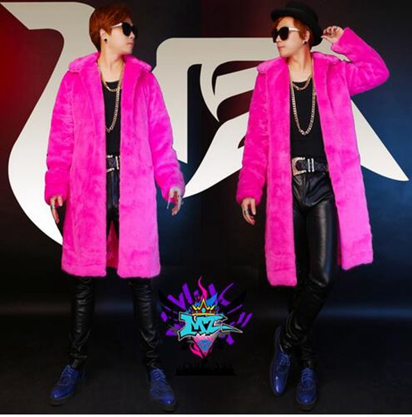 

a male singer han edition nightclub fashion in europe and the runway looks sable hair red long fur costumes. s - 6 xl, Black;red