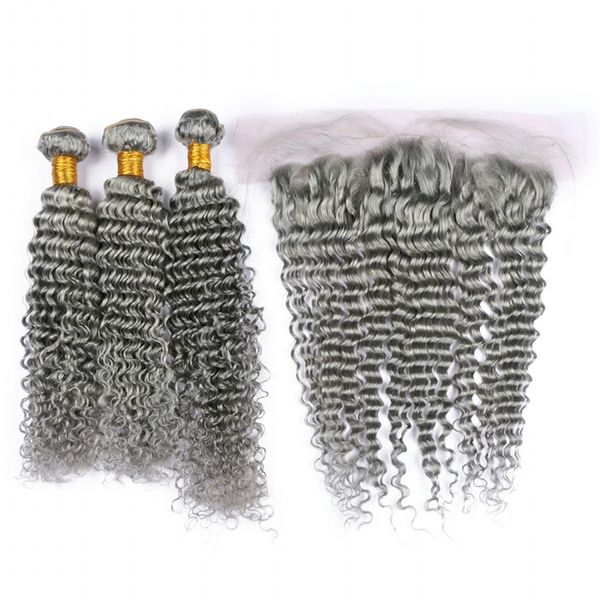 

Deep wave grey hair exten ion with ear to ear lace frontal clo ure part grey deep curly hair 3 bundle with lace frontal