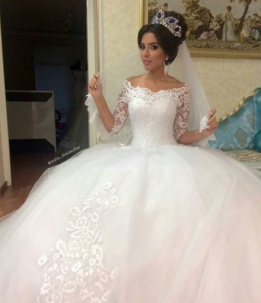 

lace wedding dresses lace applique off-shoulder white ball gown vintage bridal dress arabic vestidos de novia with 3/4 long sleeve chic
